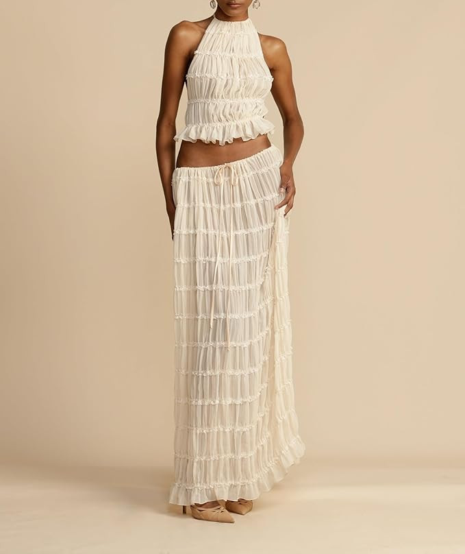 Women Y2K Maxi Skirt Set Sleeveless Halter Ruched Cami Top Flowy Long Skirt Mesh 2 Piece Outfts B... | Amazon (US)
