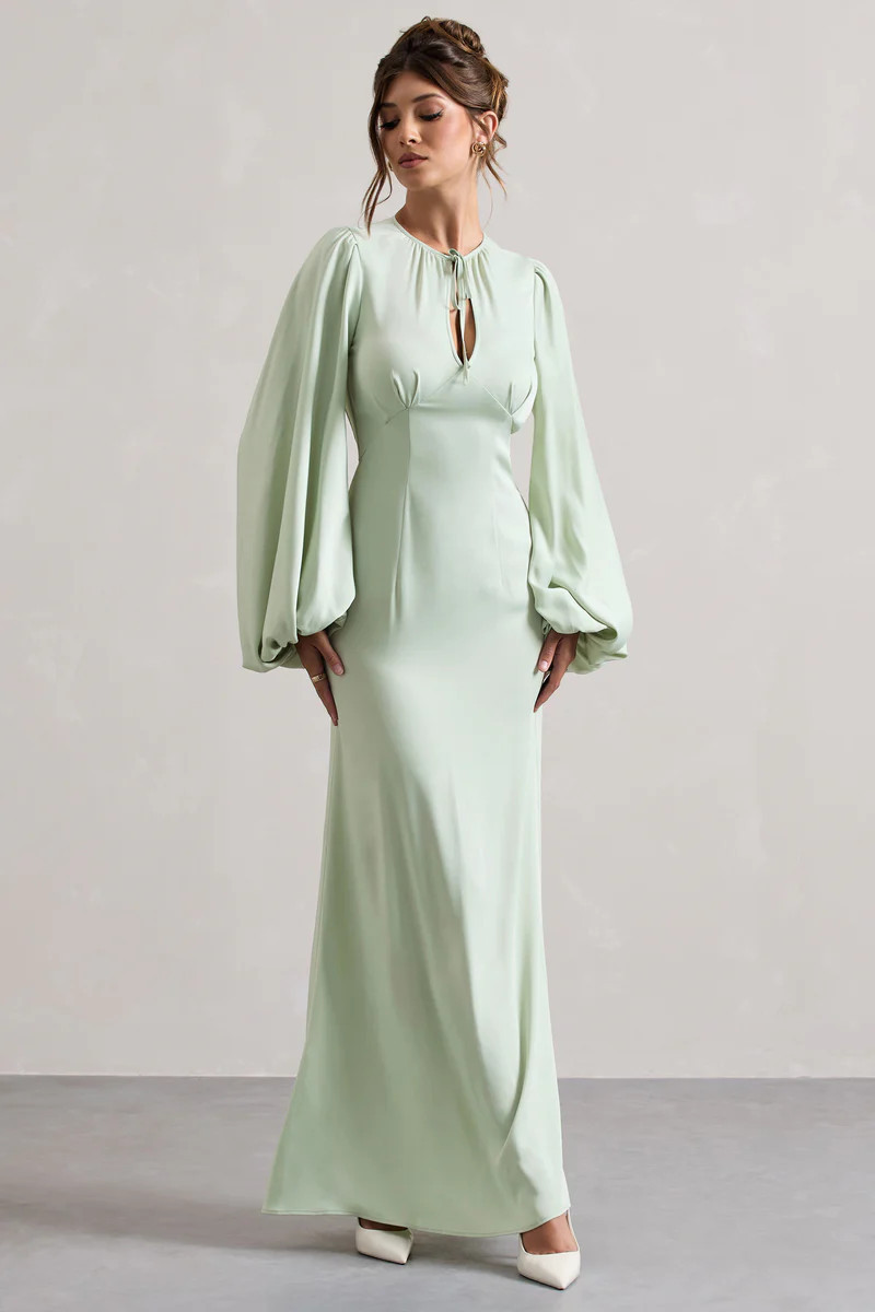 Wild Rose | Light Green Puff-Sleeve Cut-Out Maxi Dress | Club L London