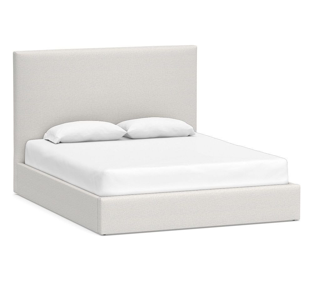Raleigh Square Upholstered Platform One Box Bed without Nailheads, Cal King, Sunbrella(R) Performance Slub Tweed Pebble | Pottery Barn (US)