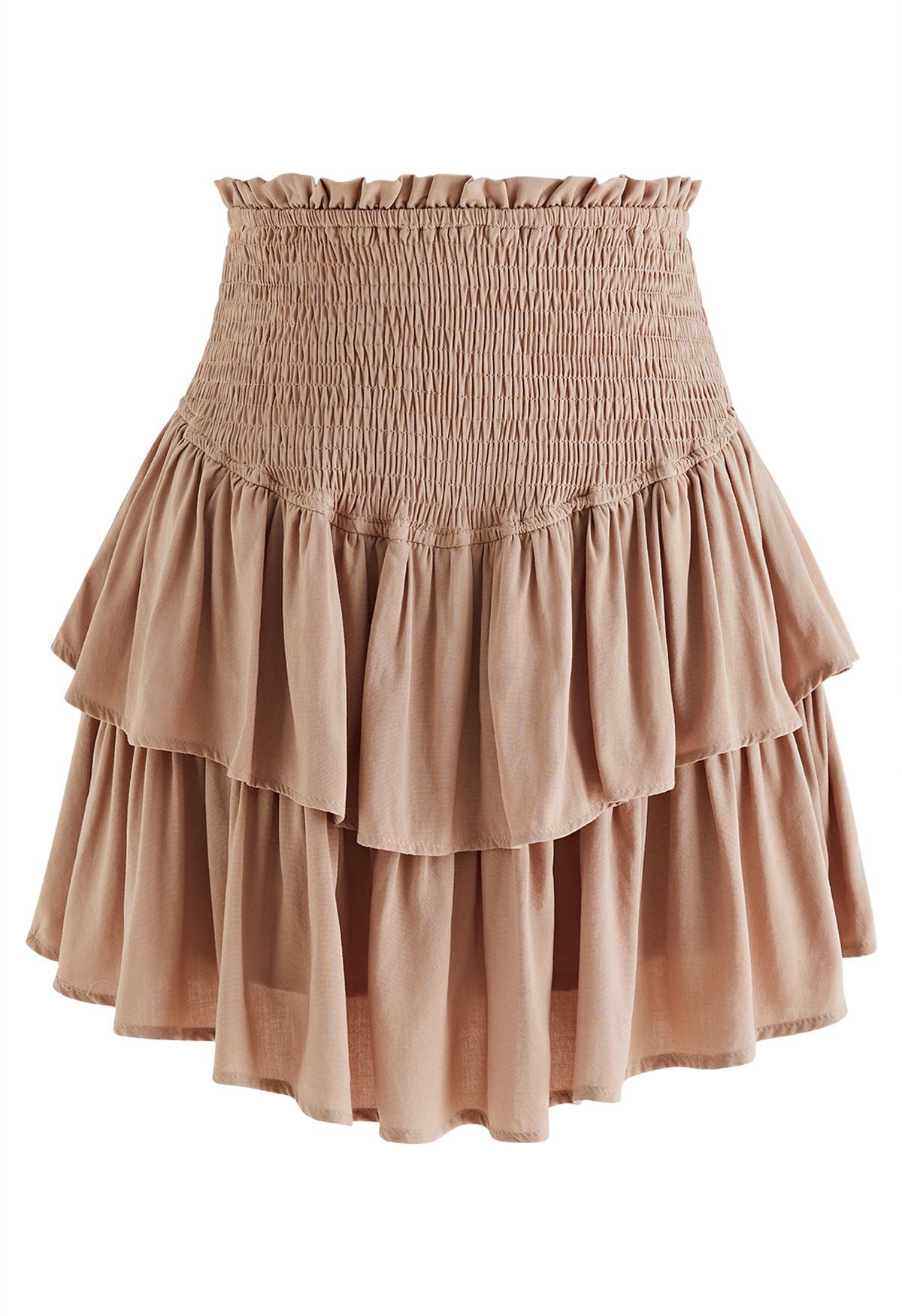 Tiered Ruffle Shirred Waist Mini Skirt in Tan | Chicwish