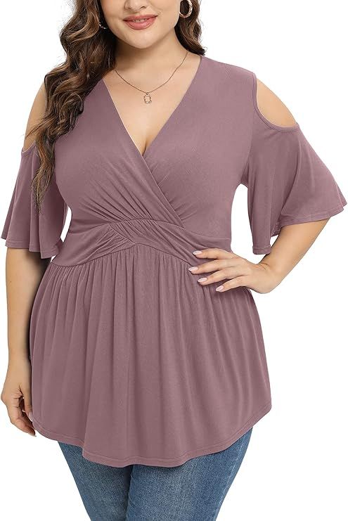 TIANZHU Women Plus Size Top Short Sleeve Wrap Dressy Shirt Cold shoulder Low Cut Babydoll Blouse | Amazon (US)