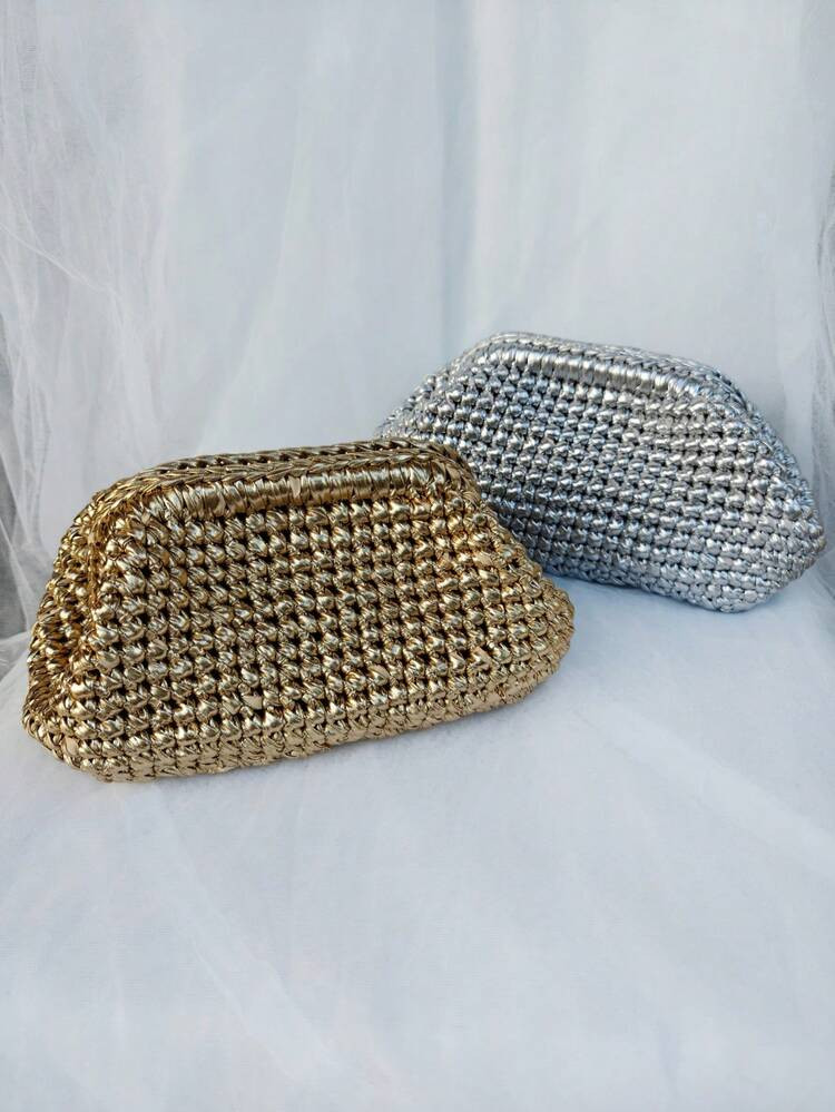 1pc Metallic Crochet Women's Clutch Bag, Elegant Handmade Knitted Snap Closure Handbag, Cosmetic ... | SHEIN