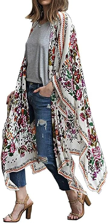 Women's Flowy Floral Print Kimono Sheer Chiffon Long Cardigan Beach Cover Up Loose Summer Tops | Amazon (US)