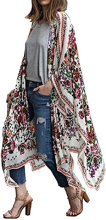 Women's Flowy Floral Print Kimono Sheer Chiffon Long Cardigan Beach Cover Up Loose Summer Tops | Amazon (US)