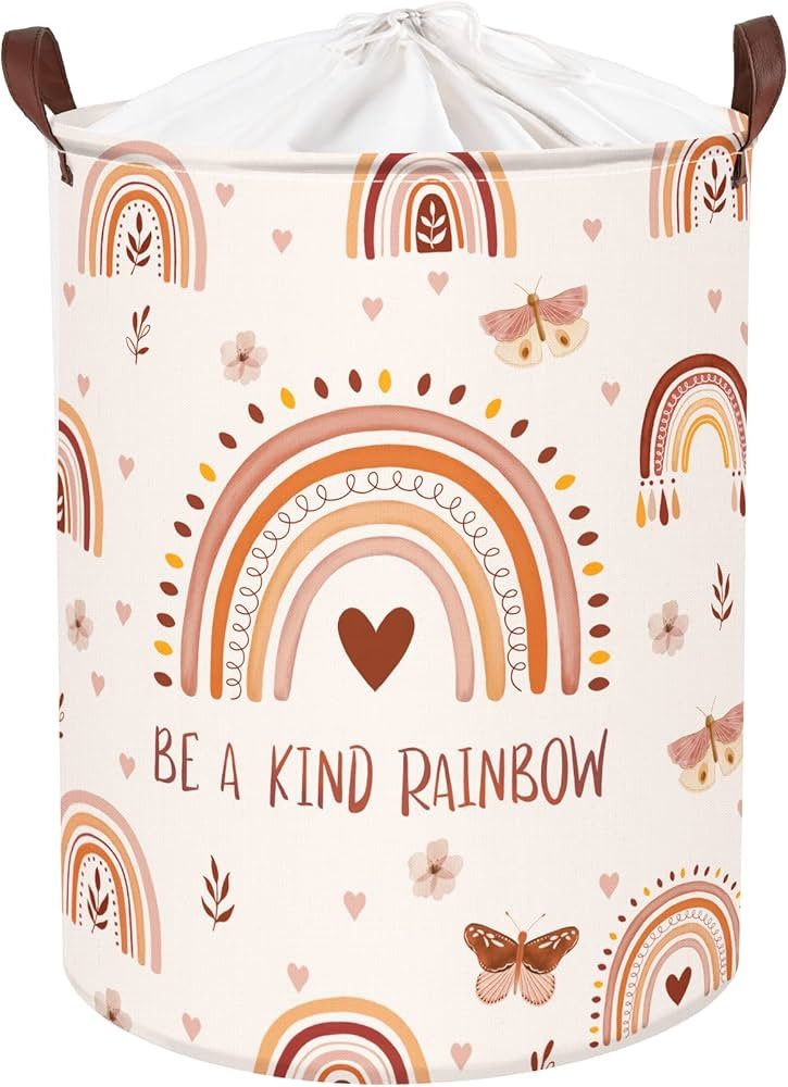 Clastyle 45L Boho Rainbow Laundry Hamper with Handle Drawstring Waterproof Butterfly Flowers Pink... | Amazon (US)