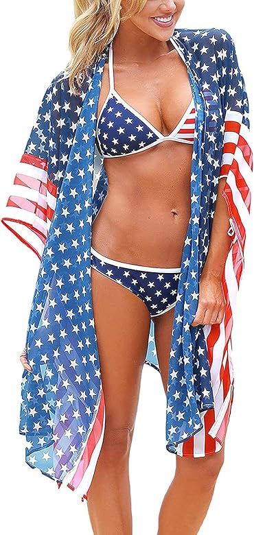 Women's American Flag Swimsuit Women Kimono Cover-up Beachwear Loose Tops Shirt Dress | Amazon (US)
