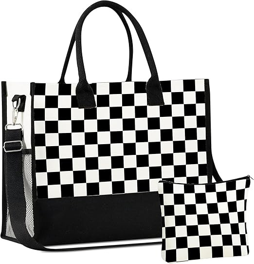InnoBeta Checkered Gifts, Checkered Tote Bag, Checkered Bag, Canvas Tote Bag with Top Zipper Clos... | Amazon (US)