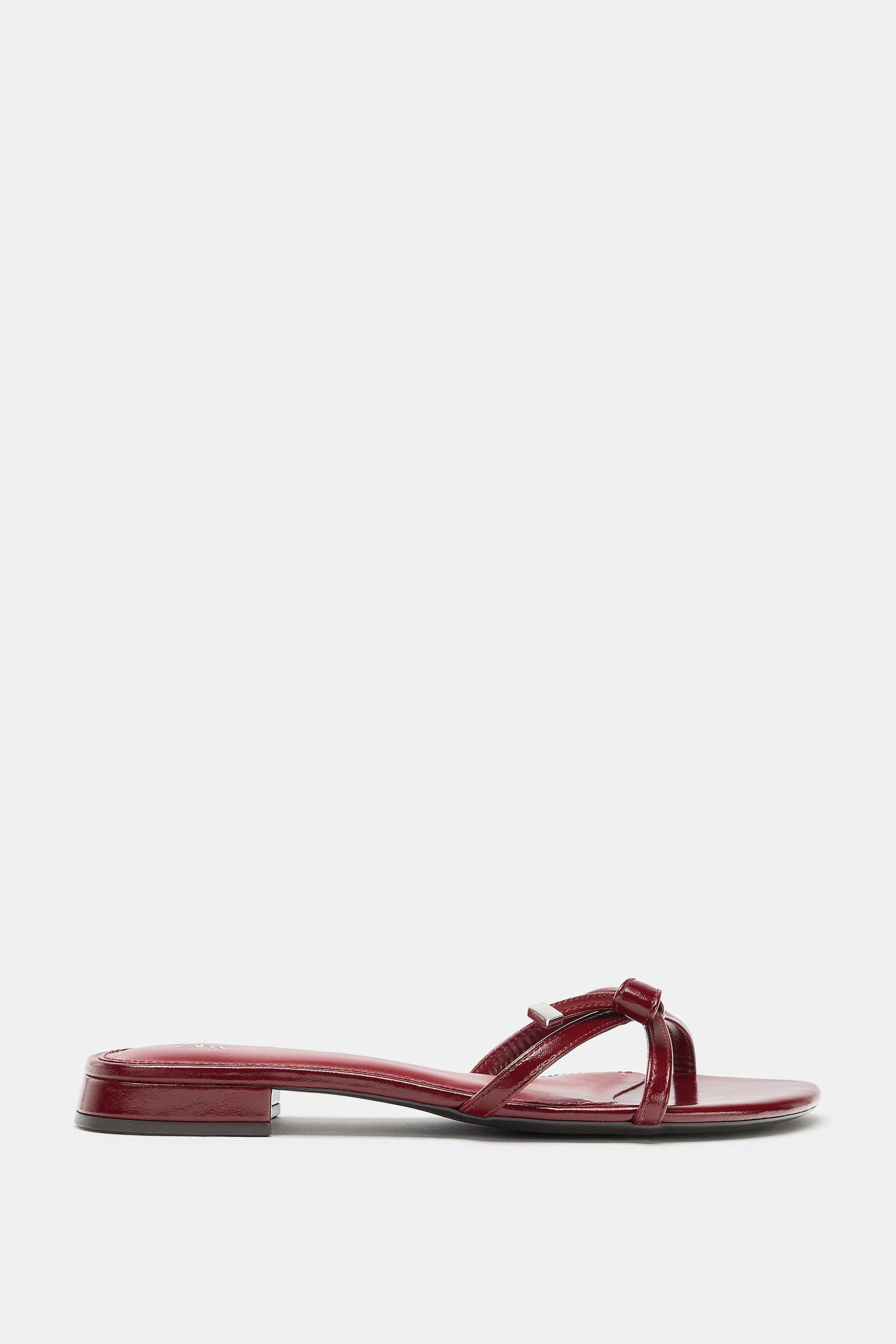 Zara - Bow Detail Flat Sandals - Red - 5 - Woman | Zara US