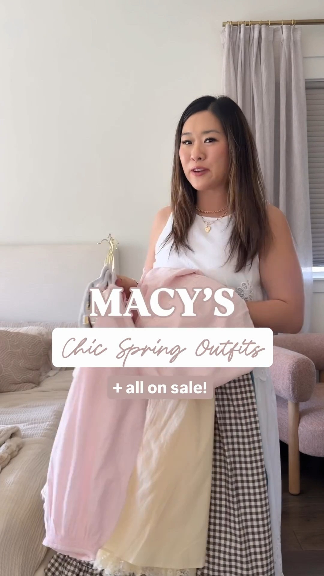 Macy’s Chic Spring Outfits // extra 25% off! 
Lace Top: Medium
Lace Skirt: Medium (need Small)
Striped Sweater: Large
Shorts: 29
Pink Blouse: Medium
Yellow Dress: 7/8
Brown Gingham Dress: 6
Lace Tee: Medium
Denim Straight Jeans: 29
