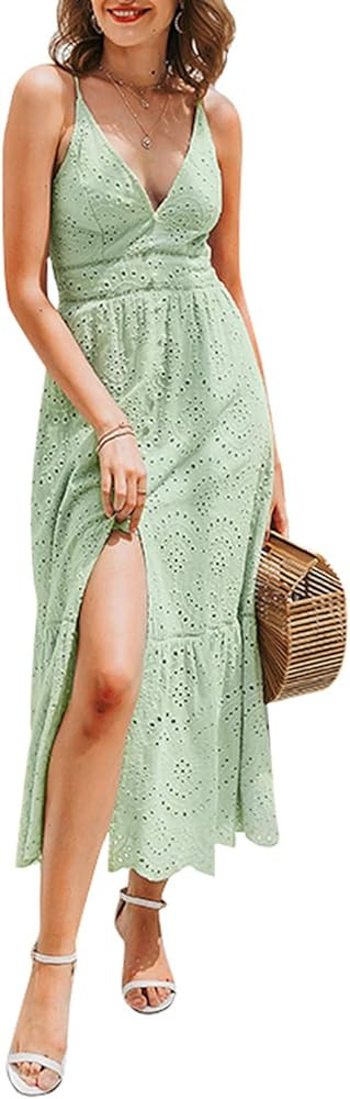 Women's Embroidery Pearl Button Down Dress V Neck Spaghetti Strap Maxi Dress | Amazon (US)