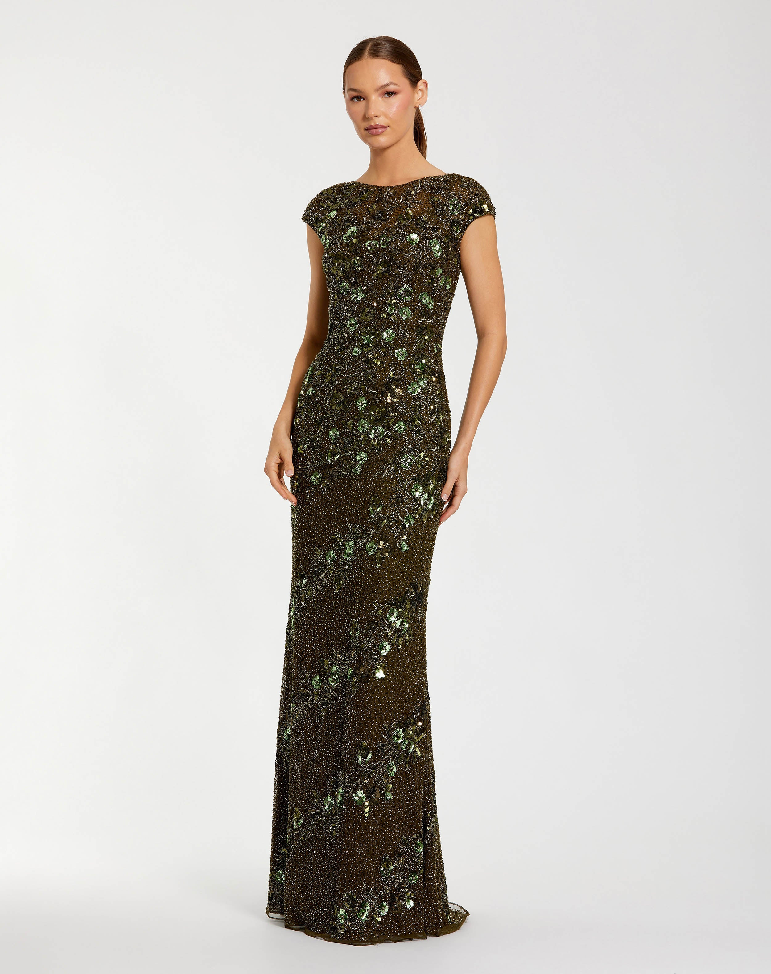 Green Floral Embellished Cap Sleeve Column Gown | Mac Duggal | Mac Duggal