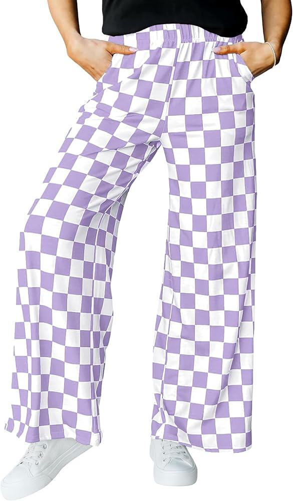 IWOLLENCE Women's Casual Loose Checkered Wide Leg Pants High Waist Straight Lounge Y2K Gingham Trousers | Amazon (US)