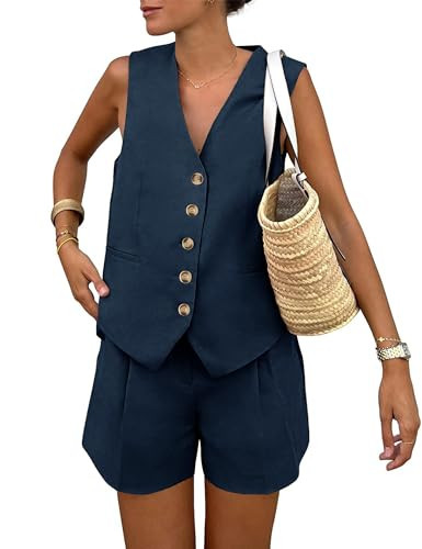 Tomosc 2 Piece Outfits for Women Summer Bussiness Linen Sets Sleeveless V Neck Vest Button Waistcoat and Pockets Shorts (1S-Navy-M) | Amazon (US)
