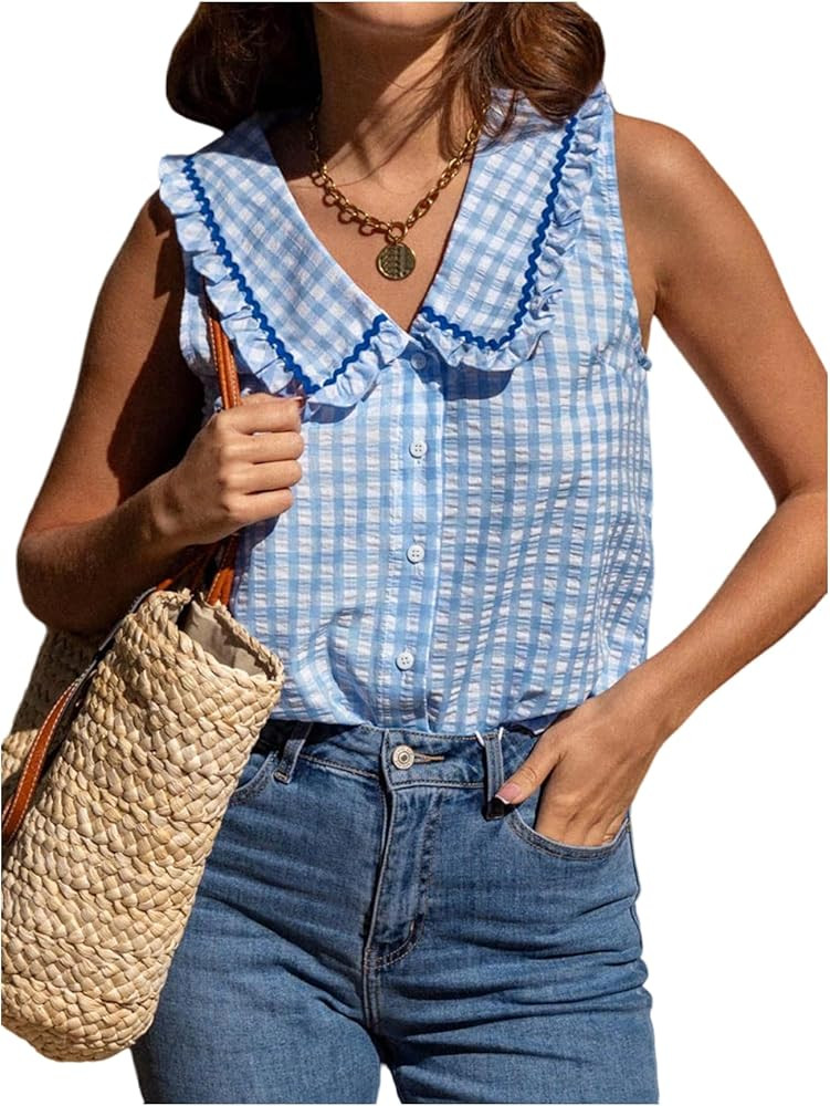 WDIRARA Women's Gingham Button Down Collared Tank Tops Sleeveless Summer Going Out Blouse Shirts | Amazon (US)