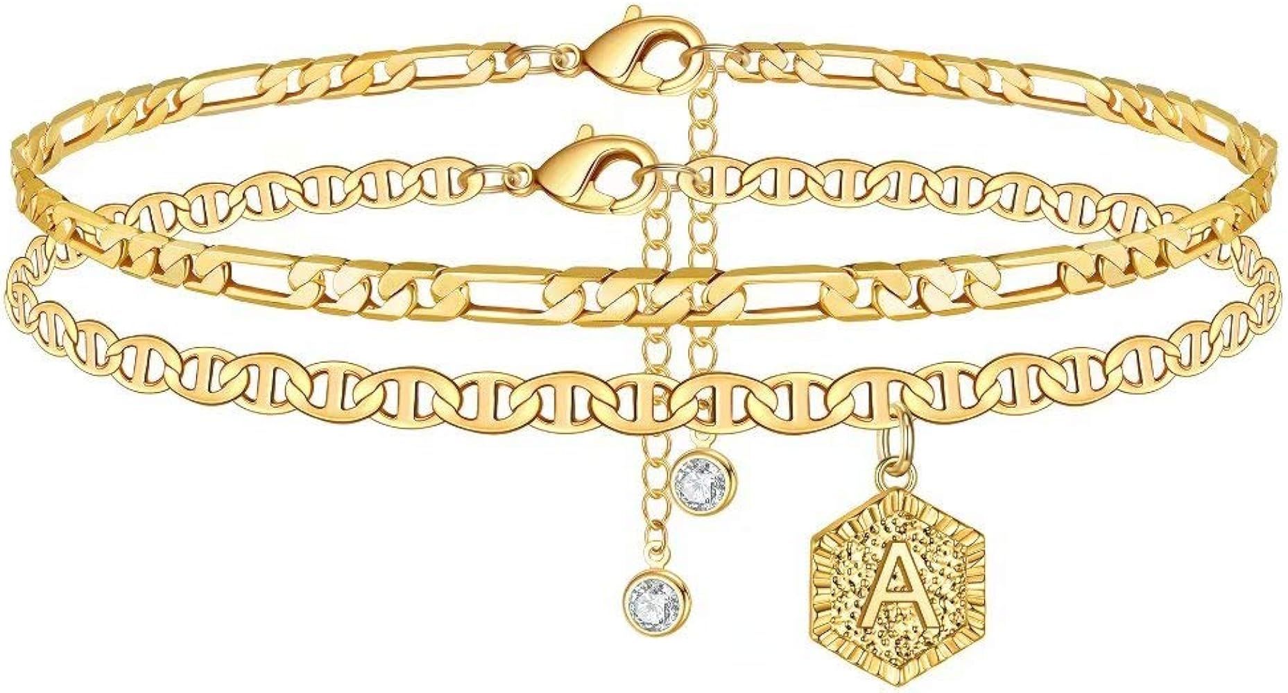 Memorjew Initial Ankle Bracelets for Women, 14K Gold Plated Double Layered Initial Anklets Jewelry f | Amazon (US)