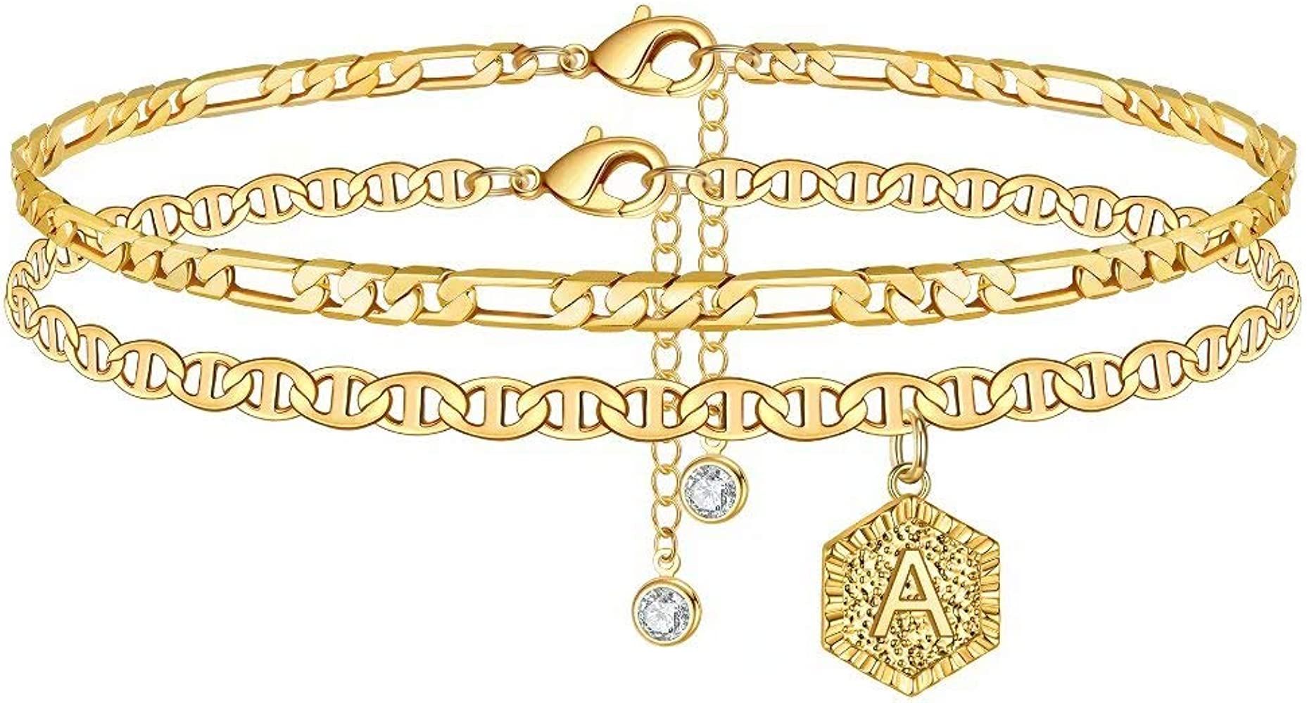 Initial Ankle Bracelets for Women, 14K Gold Plated Double Layered Initial Anklets Jewelry for Women  | Amazon (US)