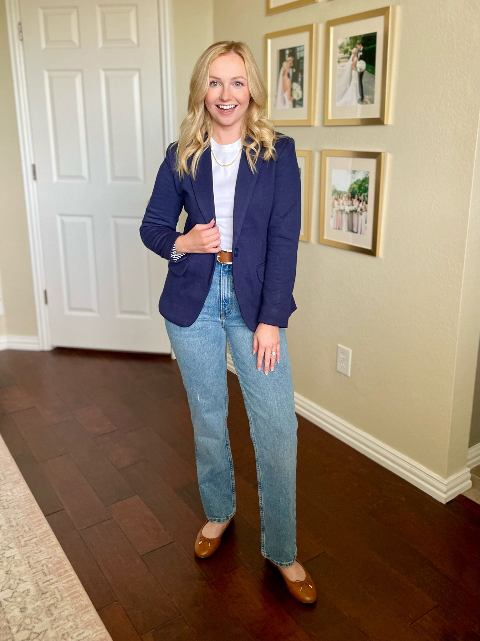 Wearing a S in the blazer | navy blazer, winter outfit, jeans, straight jeans, light wash jeans, casual winter outfit, ballet flats 

#LTKSeasonal #LTKstyletip #LTKfindsunder50