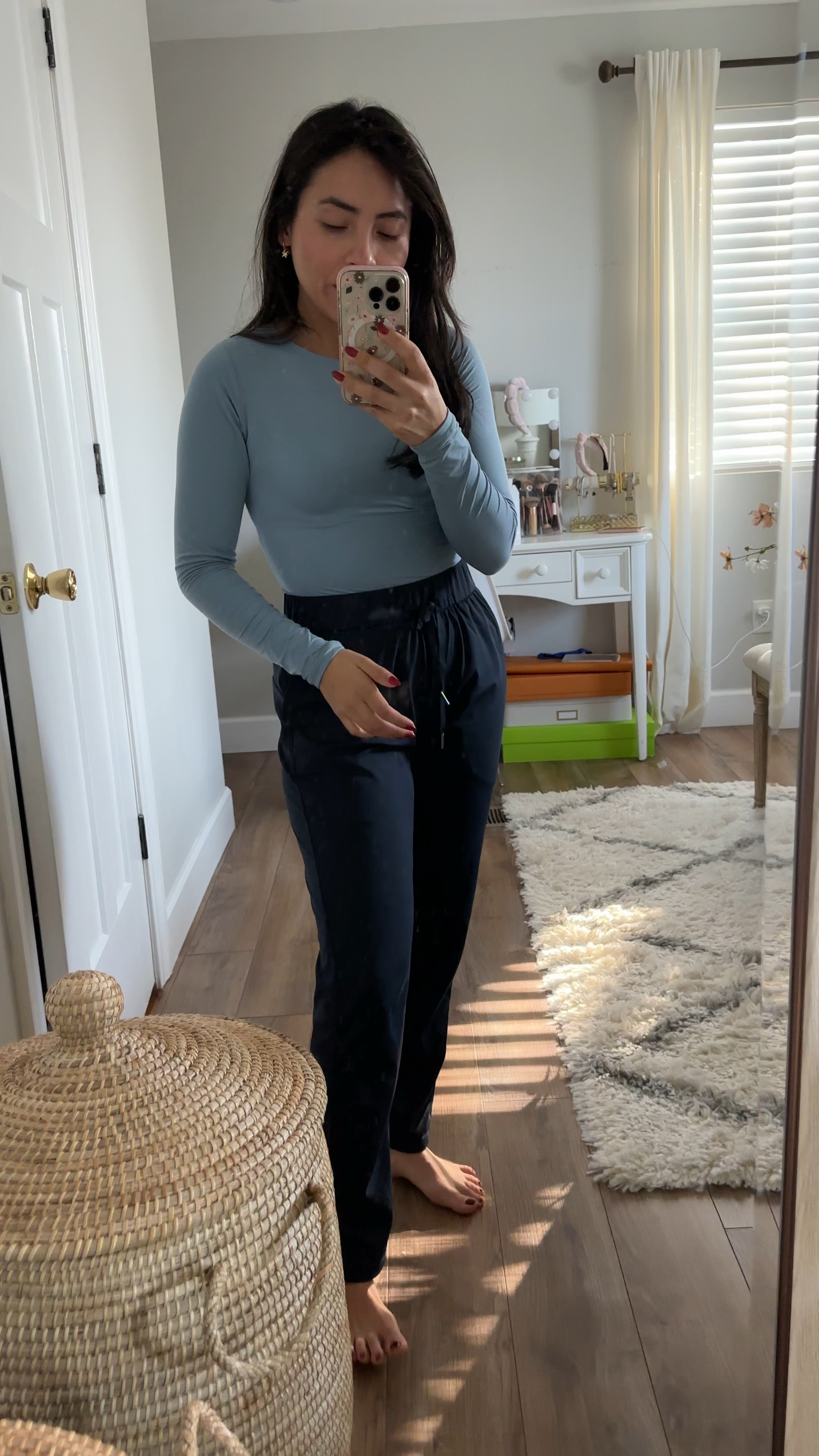 Bodysuit that feels and looks like skims. I’m wearing size small. I
Could do XS for a more fitted look. 

I have this pants in small petite go check them out in another LTK post. This dark blue pants are small regular. Even though they are longer than my petite ones, I feel like the inseam is longer and helpful for my wide hips and booty. 

If I have to shorten it I will. 

#bodysuit ##skimslookalike

#LTKstyletip #LTKfitness #LTKtravel