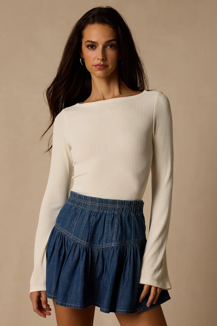 Maelis Ivory Ribbed Knit Long Sleeve Boat Neck Top | Lulus