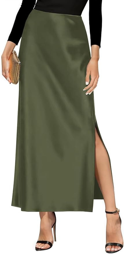 Women's Satin High Waisted Side Split Maxi Skirt Elastic Waistband Long Silk Skirts for Women | Amazon (US)