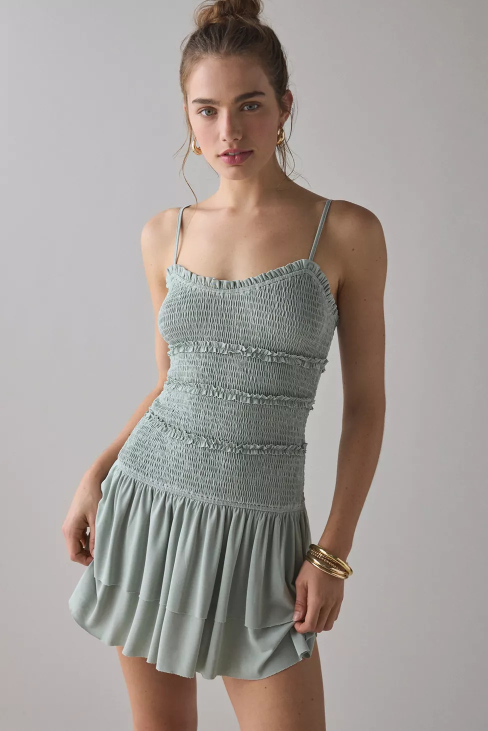 UO Heide Smocked Drop Waist Mini Dress | Urban Outfitters (US and RoW)