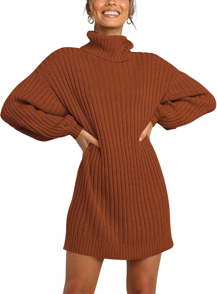 MILLCHIC Women Turtleneck Long Lantern Sleeve Sweater Dress Winter Casual Loose Knit Oversized Pullo | Amazon (US)