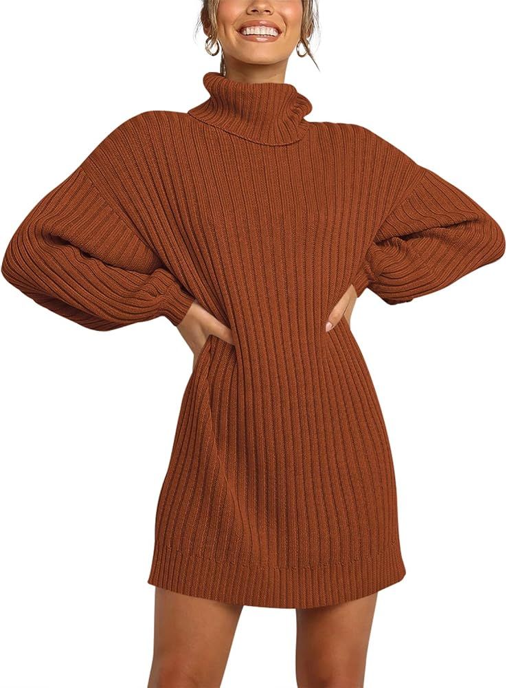 LOGENE Women's Sweater Dress Turtleneck Long Balloon Sleeve Ribbed Knit Oversized Pullover Dresses | Amazon (US)