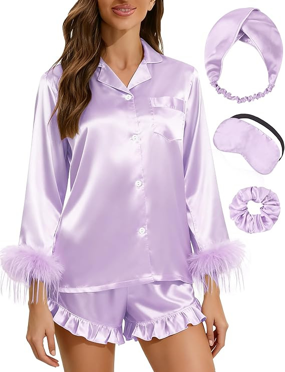 MORFORU Bride Bridal Pajama Set Silk Bridesmaid Pajamas with Feather Trim Long Sleeve Satin Silky... | Amazon (US)