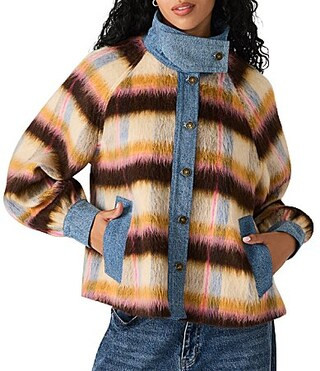 Steve Madden Kaylen Wool Blend Plaid Collared Long Sleeve Mixed Media Jacket - XS | Dillard's
