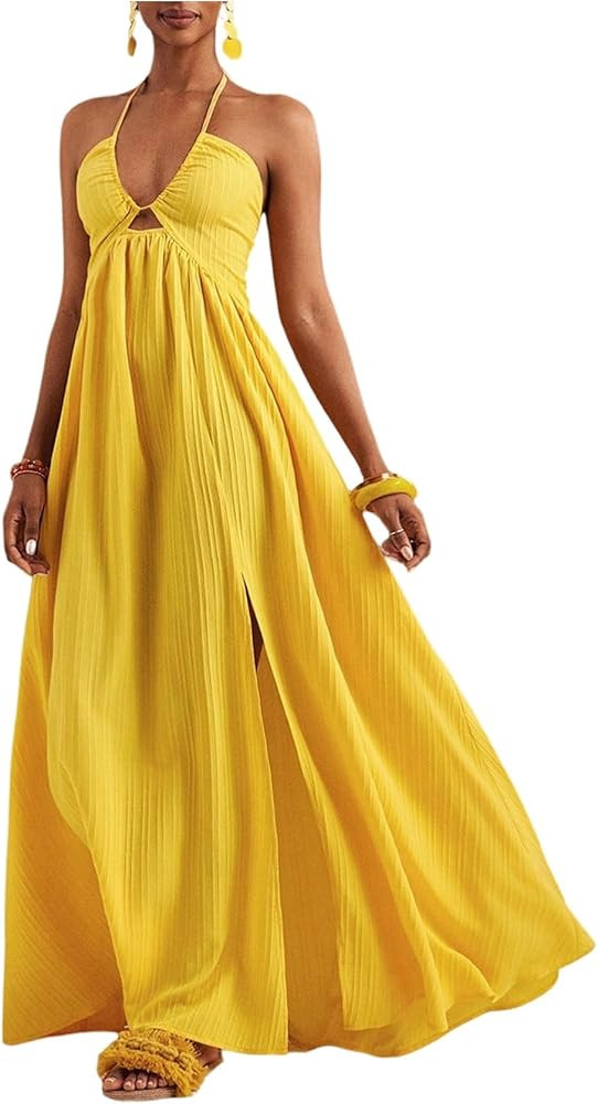 SOLY HUX Women's Summer Halter Maxi Dress Sleeveless V Neck Split A Line Flowy Long Dresses Vacat... | Amazon (US)