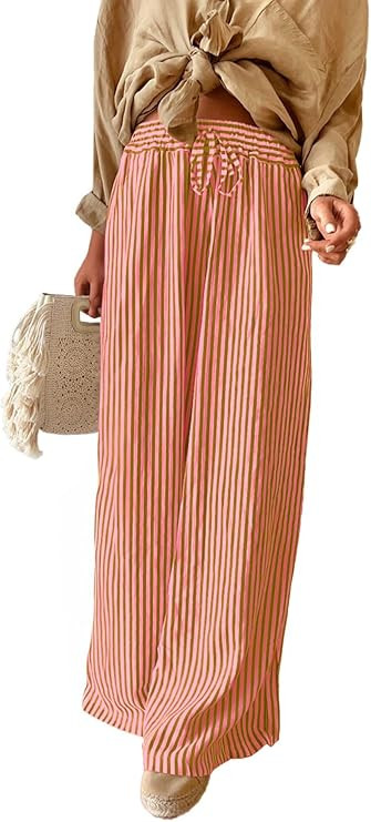 Acelitt Women Casual Drawstring Elastic Waist Striped Wide Leg Pants with Pockets, S-XXL | Amazon (US)