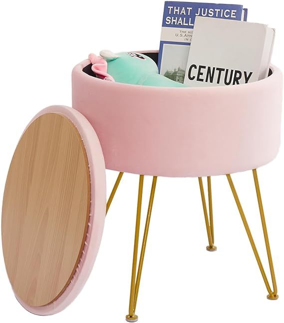 Round Vanity Chair with Storage, Velvet Upholstered Footstools with Removable Cover & 4 Adjustabl... | Amazon (US)