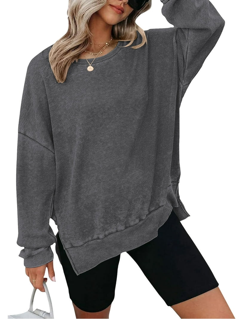 TEMOFON Womens Long Sleeve Tops Oversized Sweatshirts Waffle Knit Crew Neck Fashion Side Slits Ca... | Walmart (US)