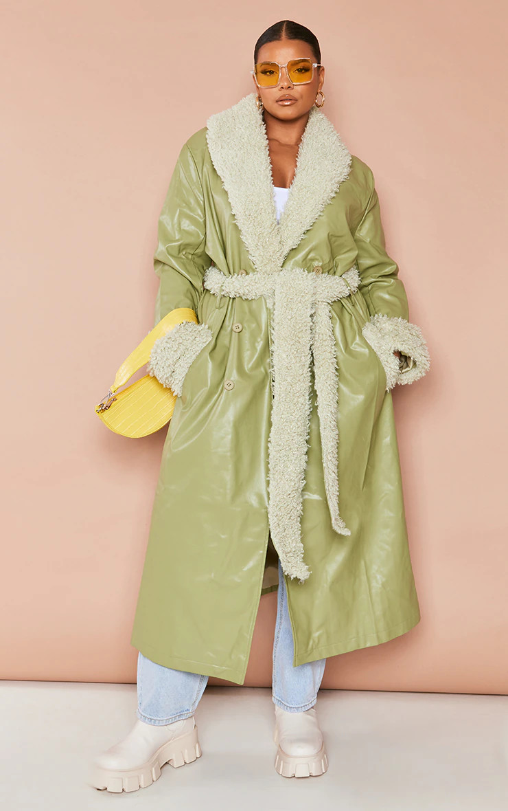 Plus Sage Green Faux Leather Curly Borg Trim Maxi Trench | PrettyLittleThing US