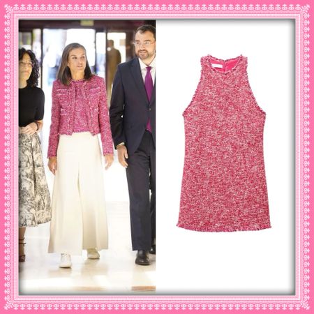 Queen Letizia wearing Mango tweed jacket and tank (altered from the brand’s dress) 