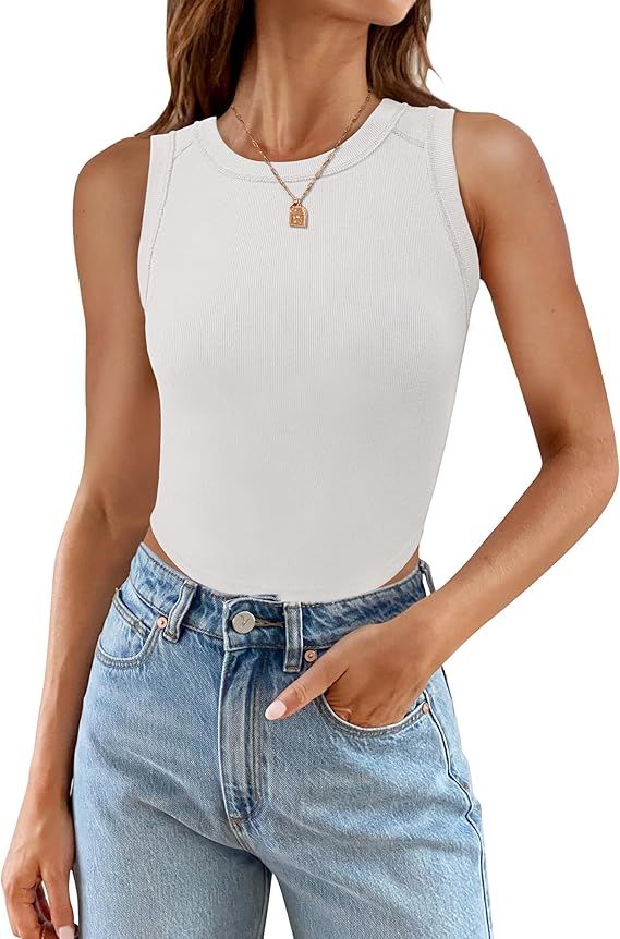 ZESICA Summer Ribbed Crop Tank Top for Women Fitted High Neck Cropped Sleeveless Basic Knit Shirt | Amazon (US)