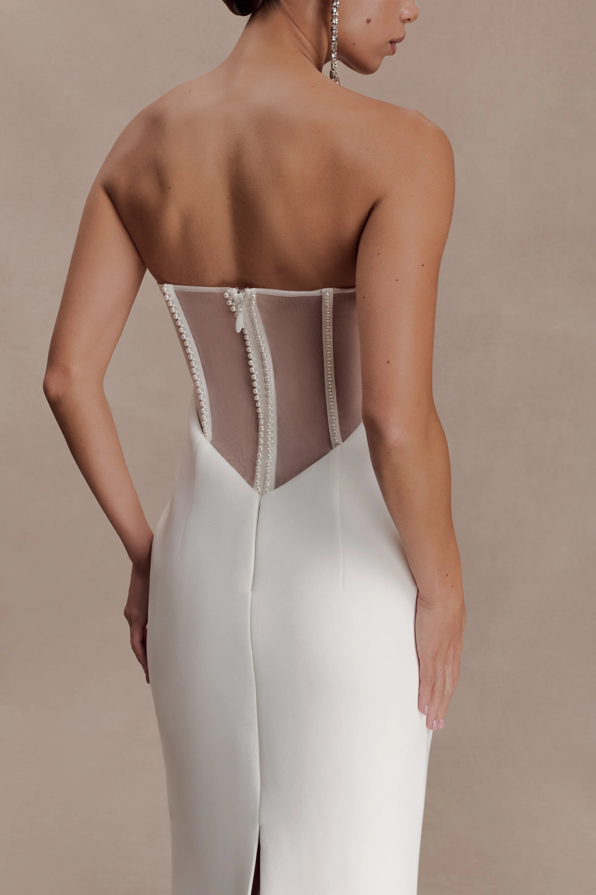 Strapless Maxi Dress With Pearls - White | MESHKI US