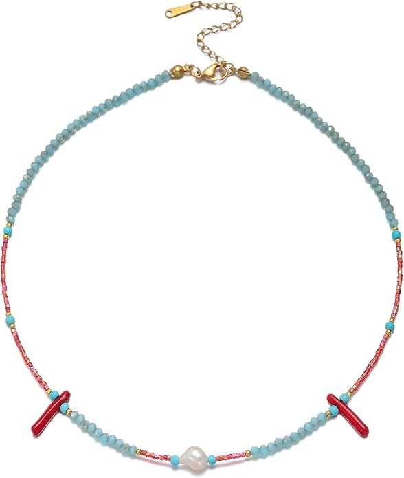 Turquoise Choker Necklace for Women, Western Crystal Bead & Pearl Necklace with Adjustable Chain ... | Amazon (US)
