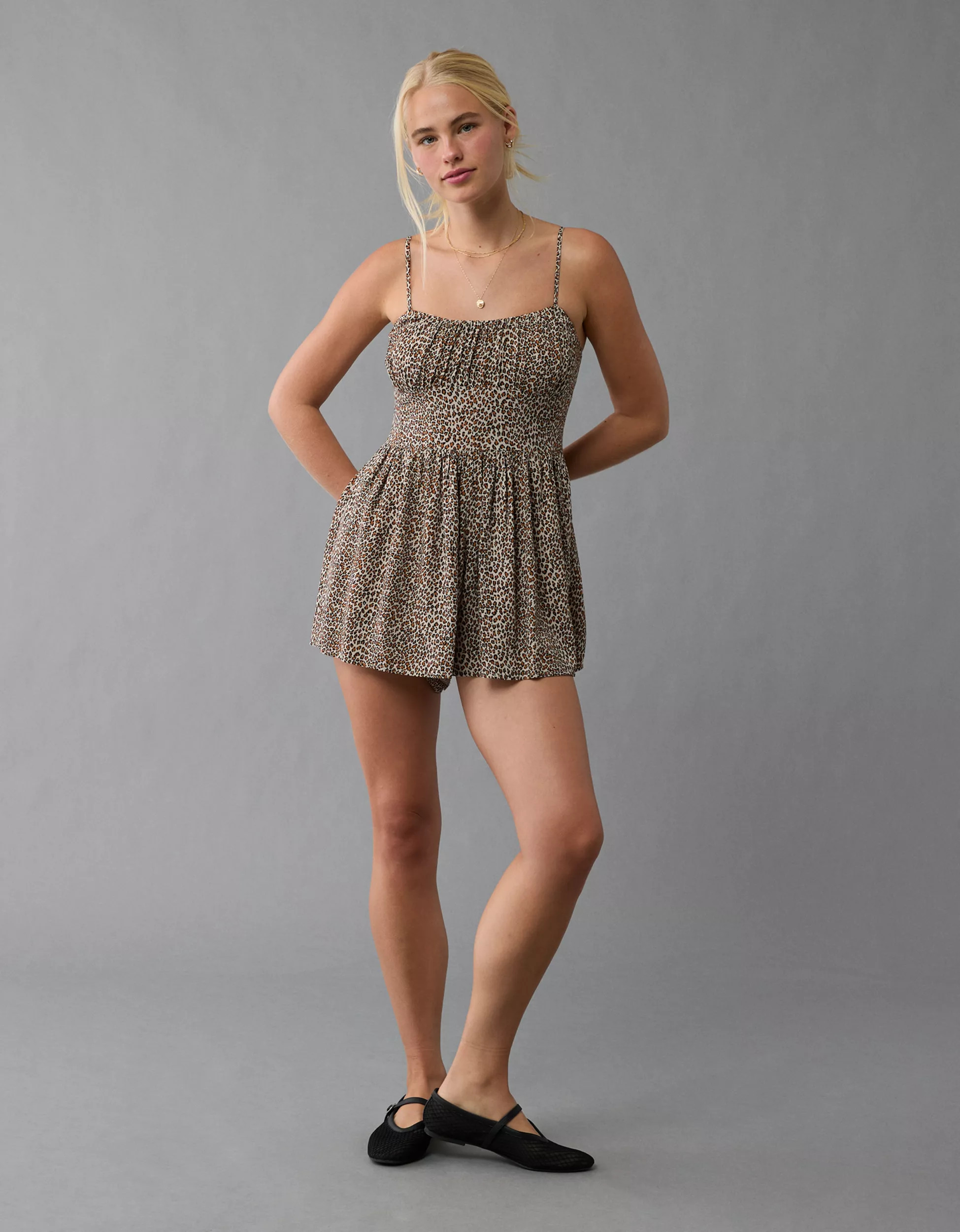 AE Ruched Bodice Leopard Corset Romper | American Eagle Outfitters (US & CA)