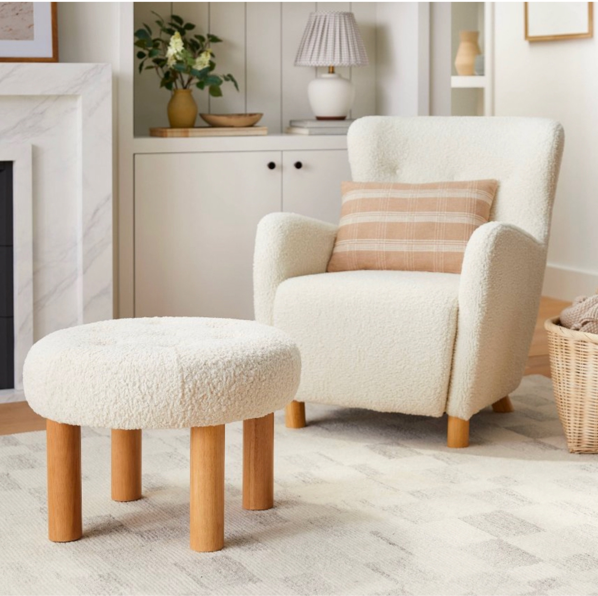 Sherpa accent chair and sherpa ottoman is perfect for living room and bedroom decor. Linking everything you see in the photo. Studio McGee items are perfect way to get designer look for less. 
#homedecor #studioMcGee #Target Home Decor @NewVisionHome 

#LTKSeasonal #LTKsalealert #LTKhome