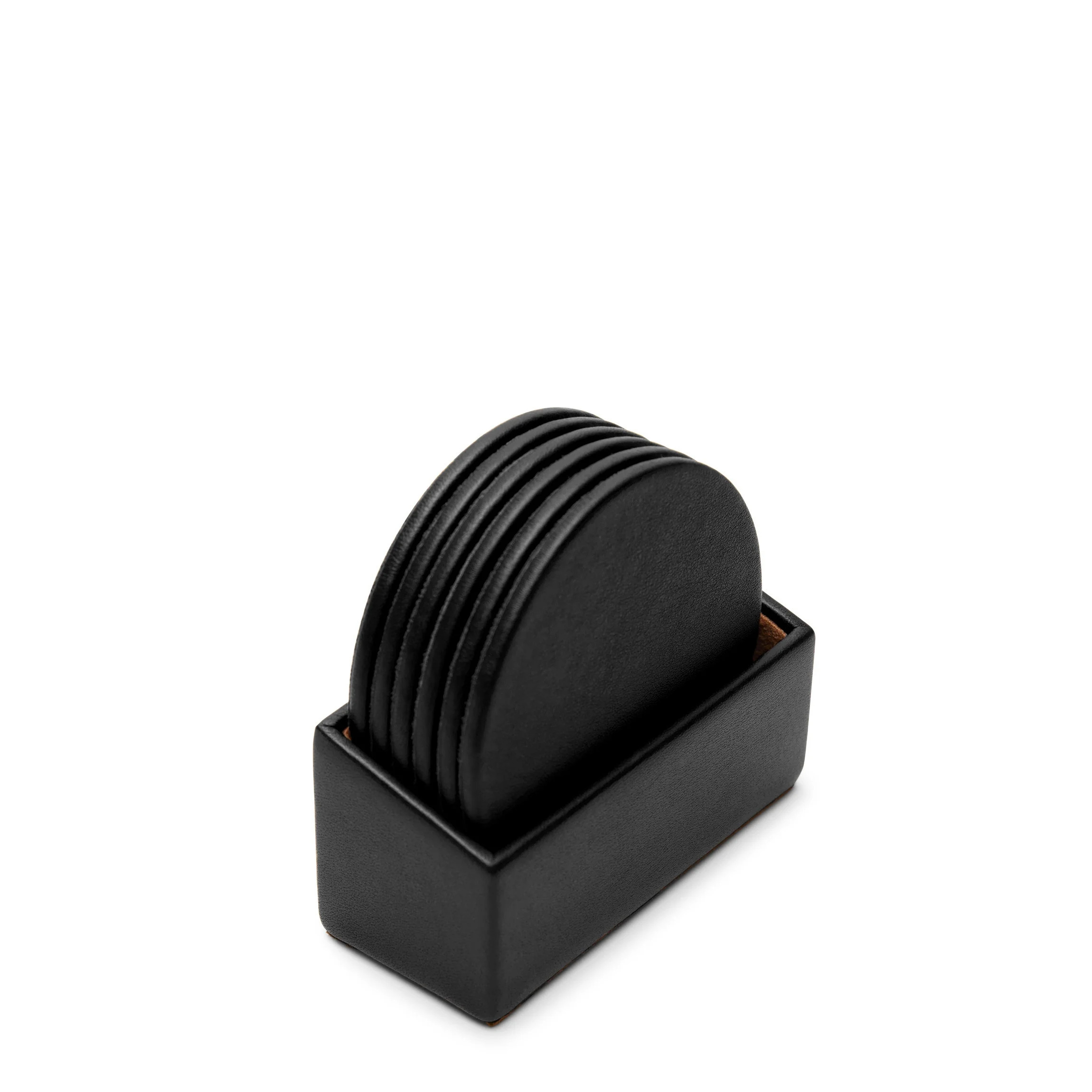 Classic Round Coasters and Holder, Set of 6 Black Onyx | Leatherology