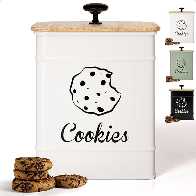 Cookie Jar with Airtight Lid - 1 Gallon - 6"D x 8"H White Iron Cookie Tin with Bamboo Lid - Large... | Amazon (US)