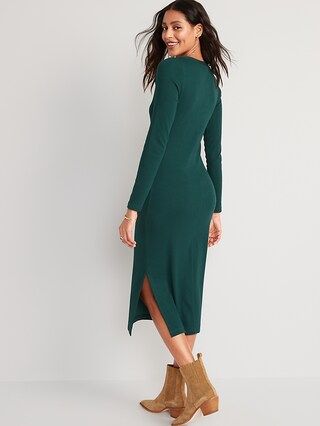 Fitted Long-Sleeve Rib-Knit Henley Midi Dress for Women | Old Navy (US)