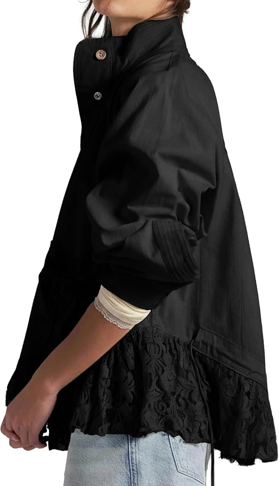 Womens Lace Trim Utility Jacket Lightweight Funnel Neck Casual Coat | Amazon (US)