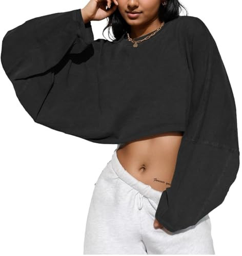 LovelyWholesale Women Long Sleeve Cropped Sweatshirt Oversized Crew Neck Workout Tops Black Small | Amazon (US)