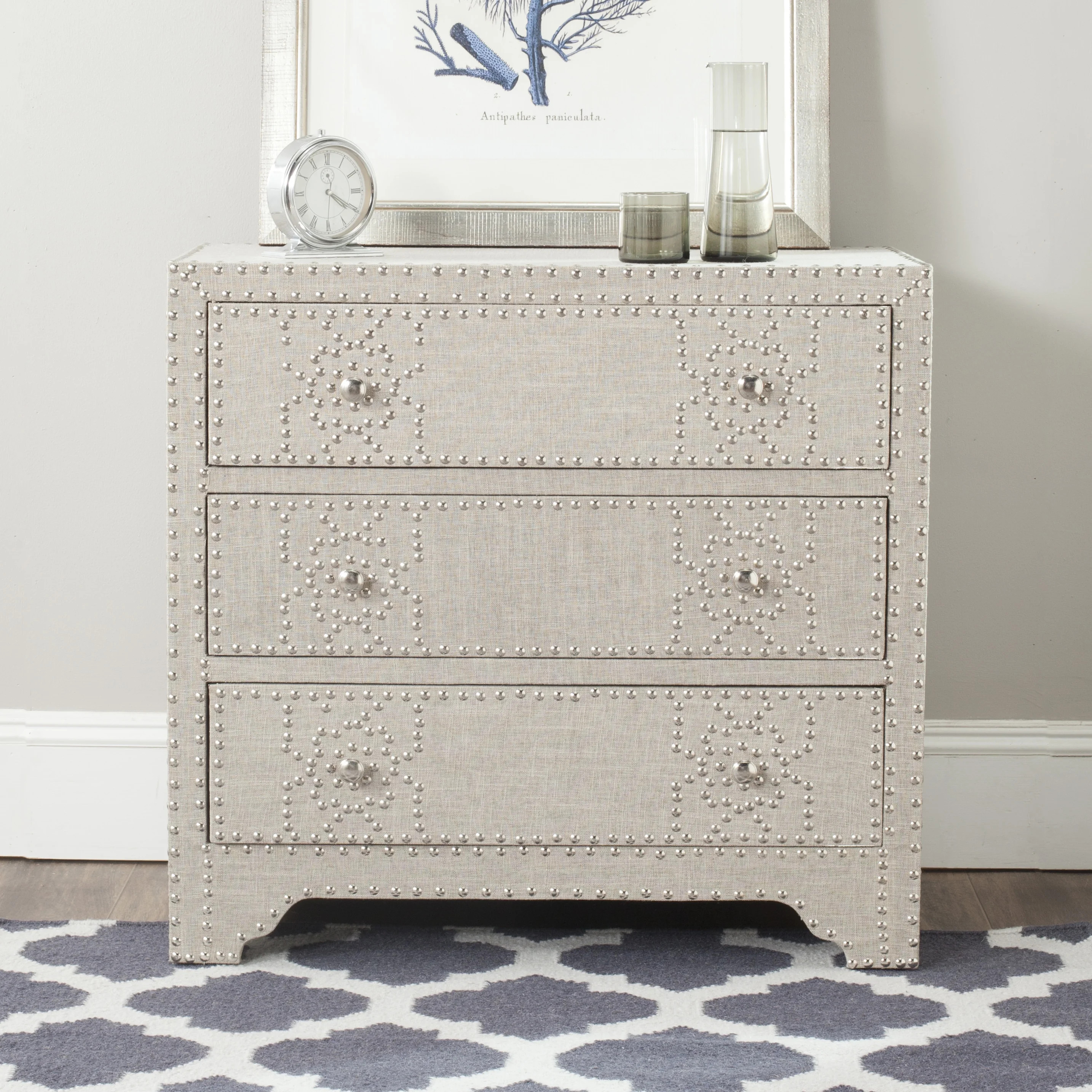 SAFAVIEH Gordy 3 Drawer Glam Chest, Grey/Silver Nail Heads - Walmart.com | Walmart (US)