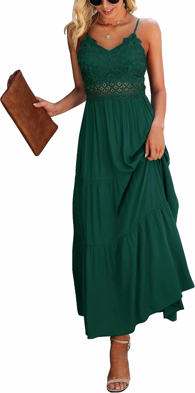 Dokuritu Women's Beach Crochet Lace Maxi Dress Solid Color Summer Vacation Spaghetti Strap Long D... | Amazon (US)