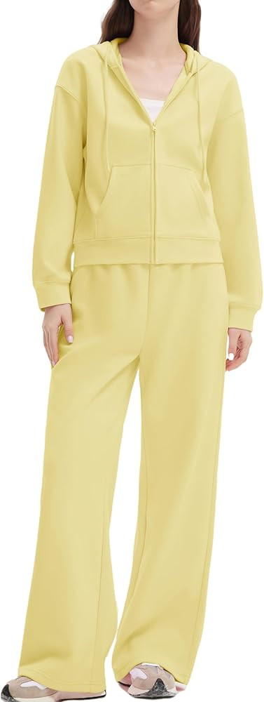 SUUKSESS Womens 2 Piece Sweatsuits Outfits Zip Up Hoodie Tracksuit Straight Wide Leg Sweatpant Lo... | Amazon (US)