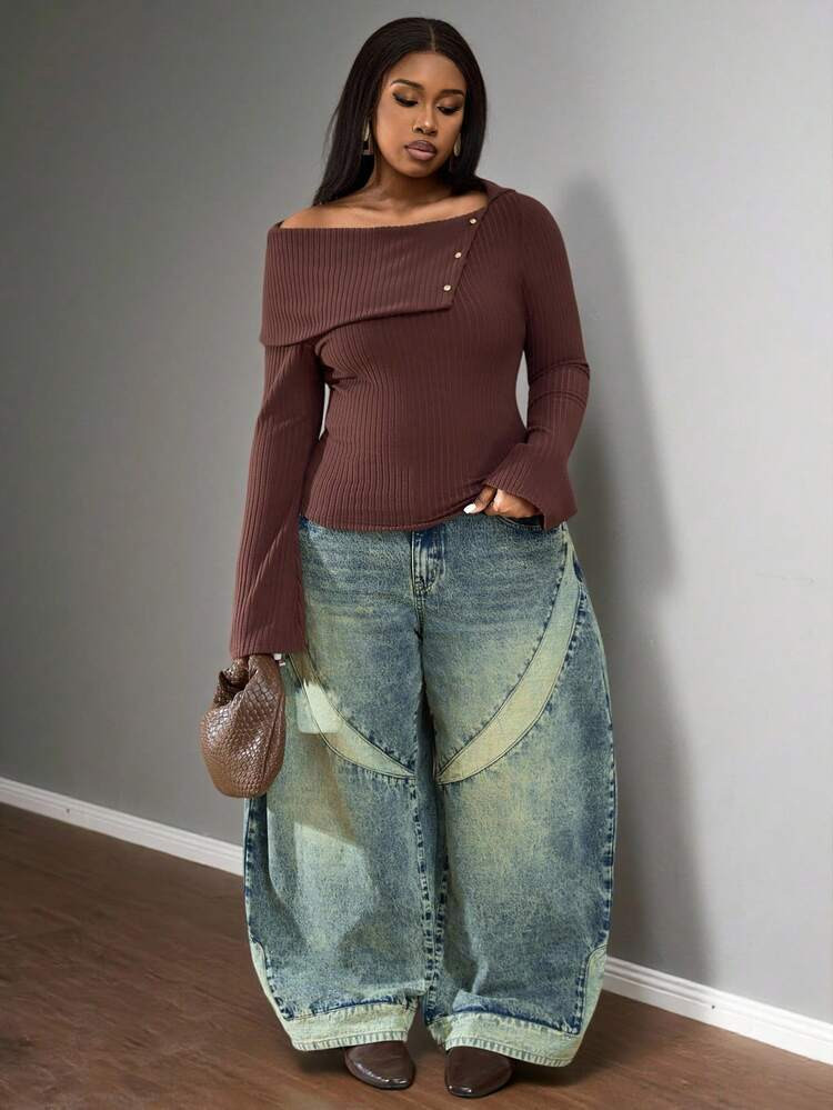 Truni Plus Size Women Casual Loose Wide Leg Button Pocket Jeans/2026 /New Year | SHEIN