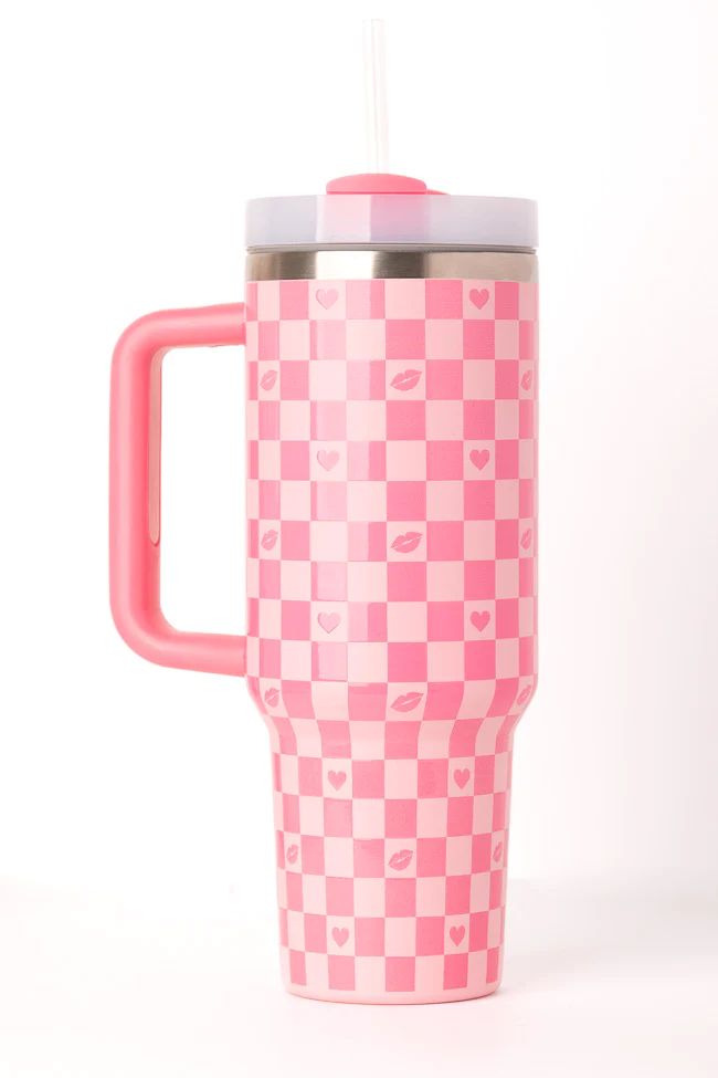 Sippin' Pretty Checkered Hearts and Lips 40 oz Drink Tumbler With Lid and Straw | Pink Lily